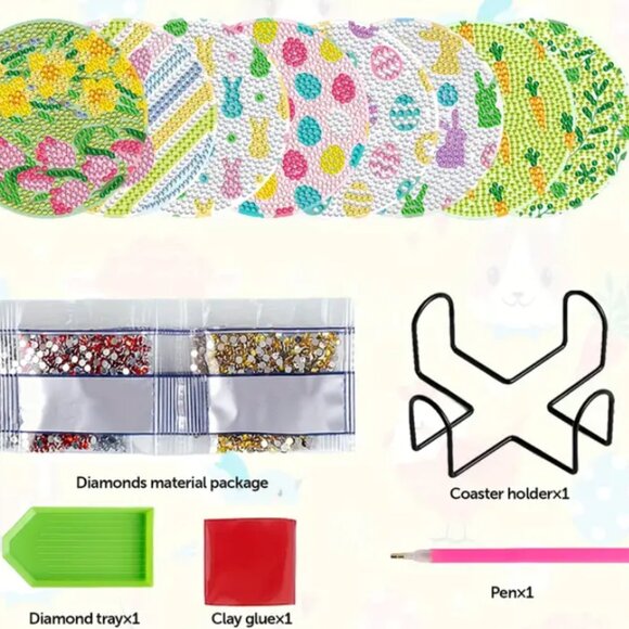 New 8 Piece Easter Diamond Painting Coaster Kit - Picture 2 of 6